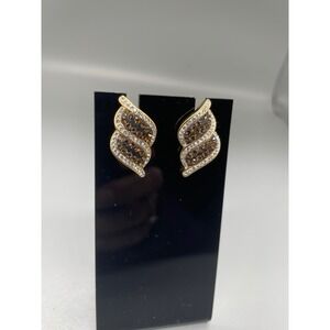 Gold Tone Brown and Clear Crystal Curved Leaf Stud Earrings Vintage look Sparkle